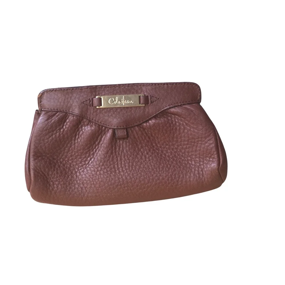 Cole Haan Small Brown Pebbled Leather Pleated Clutch Bag‎ Gold Logo Plate